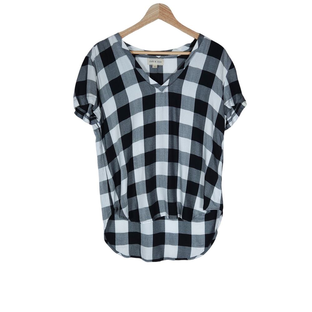 Cloth & Stone Womens Top Small Black White Gingham Check V Neck Casual Everyday